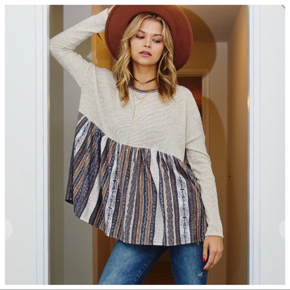 Boho chic Ethnic print color block tunic top - Picture 3 of 7